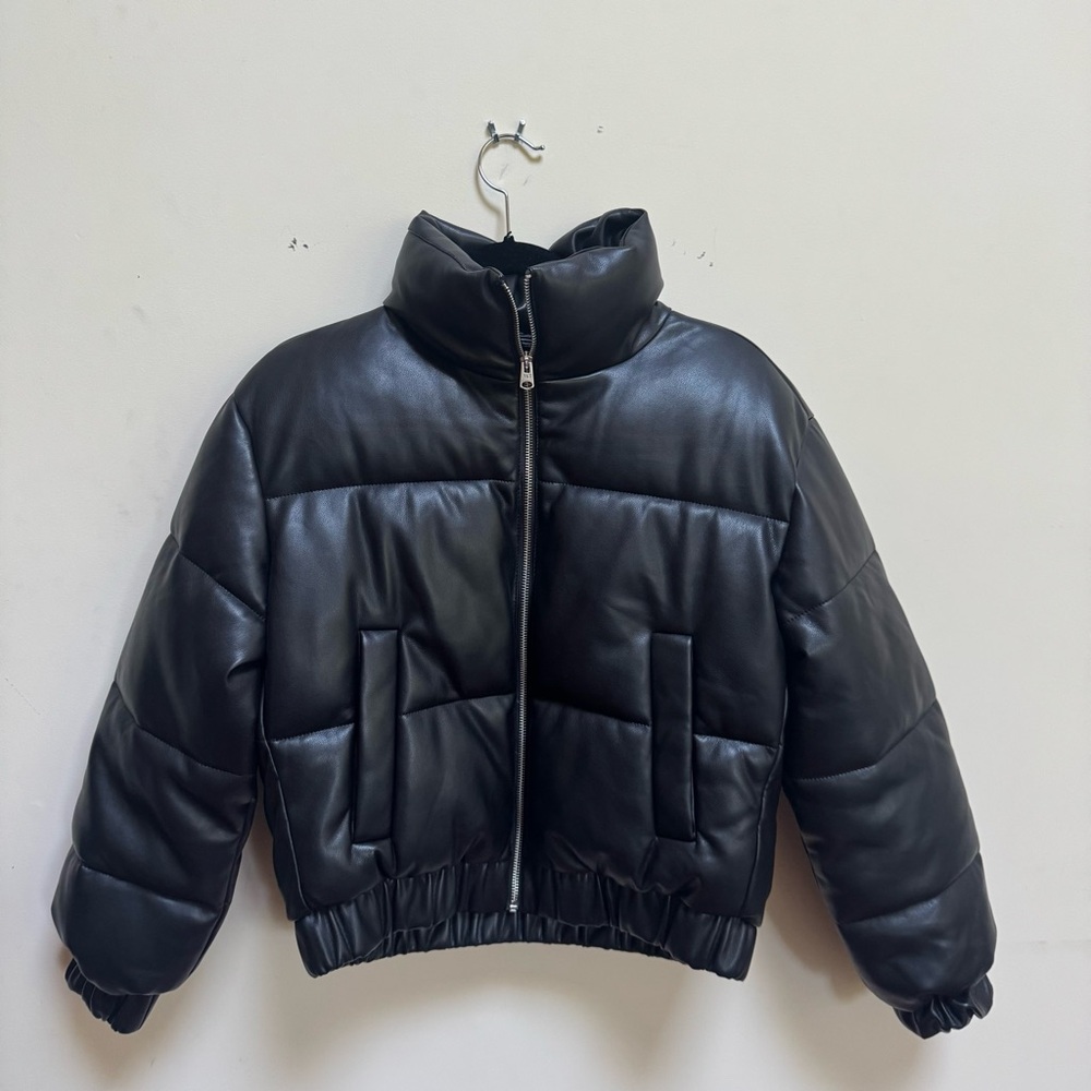 Black Faux Leather Puffer Jacket size XS